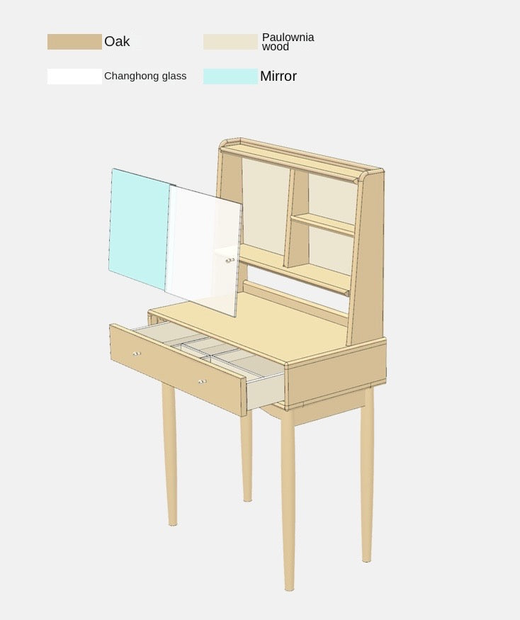 Solid Rubberwood, Oak Solid Wood Dressing Table Hidden Makeup Mirror.