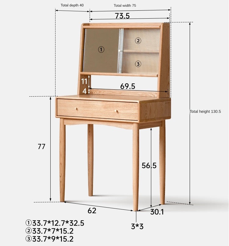 Oak Solid Wood, Solid Rubberwood Vanity Table Hidden Makeup Mirror.