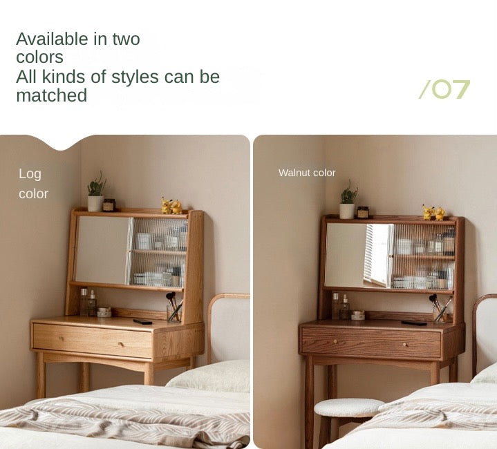 Oak Solid Wood, Solid Rubberwood Vanity Table Hidden Makeup Mirror.