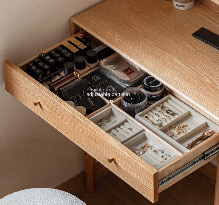 Solid Rubberwood, Oak Solid Wood Dressing Table Hidden Makeup Mirror.