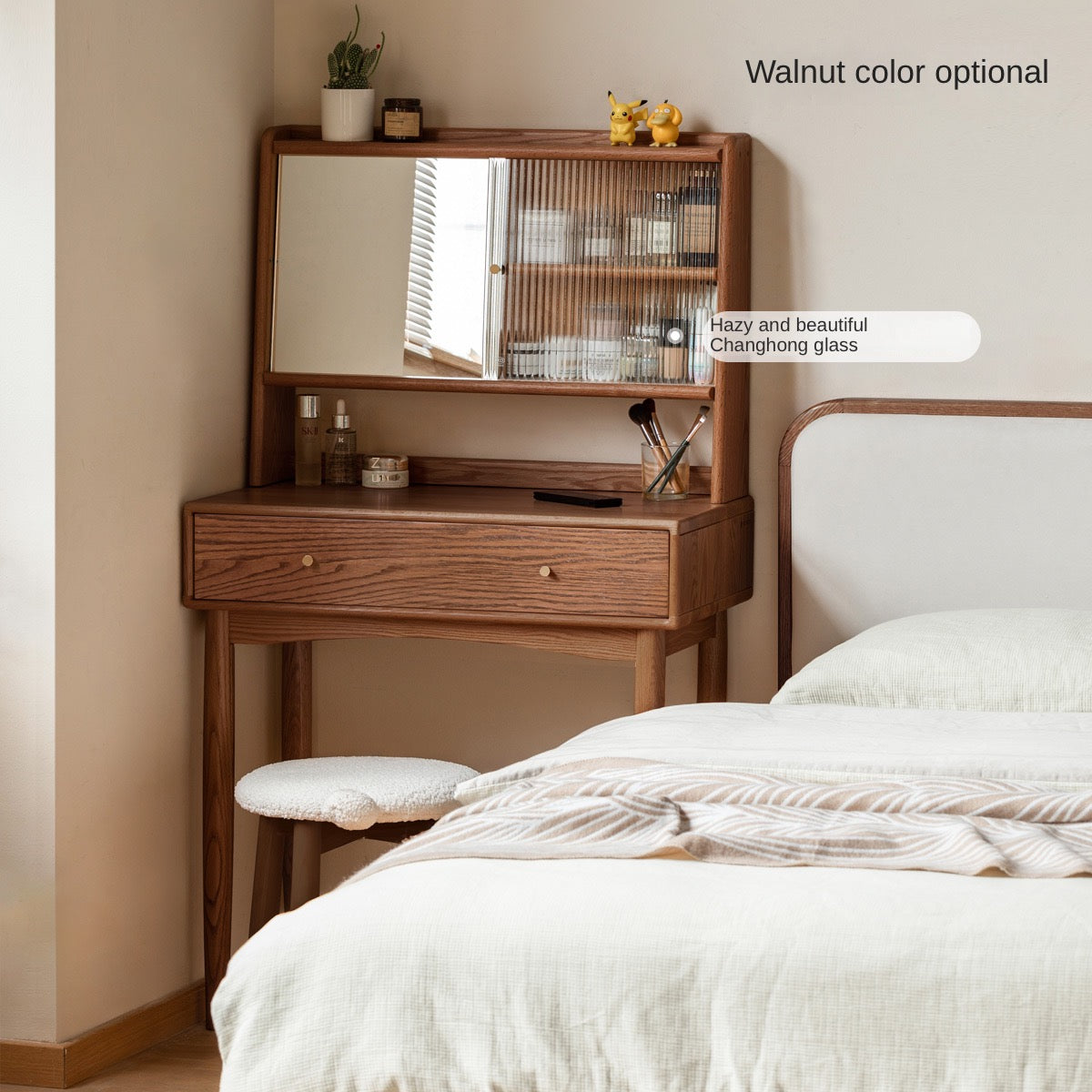 Solid Rubberwood, Oak Solid Wood Dressing Table Hidden Makeup Mirror.