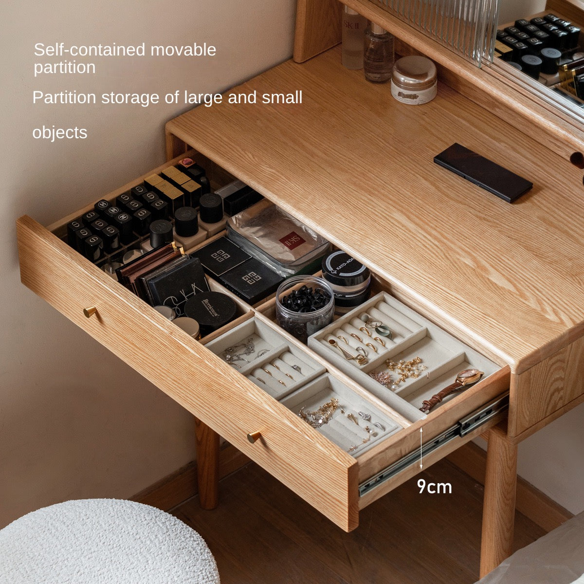 Solid Rubberwood, Oak Solid Wood Dressing Table Hidden Makeup Mirror.