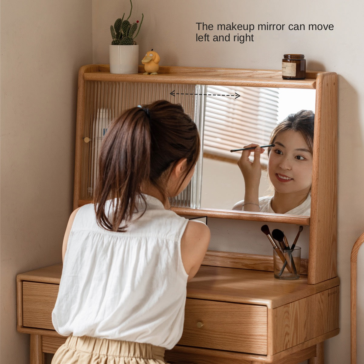 Oak Solid Wood, Solid Rubberwood Vanity Table Hidden Makeup Mirror.