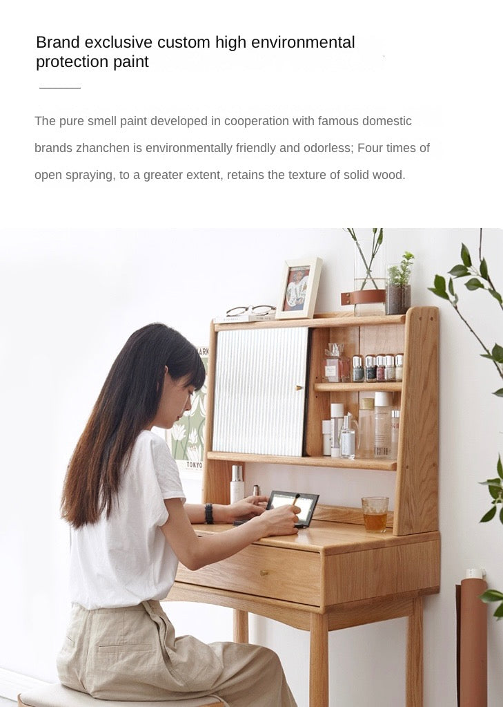 Oak Solid Wood, Solid Rubberwood Vanity Table Hidden Makeup Mirror.