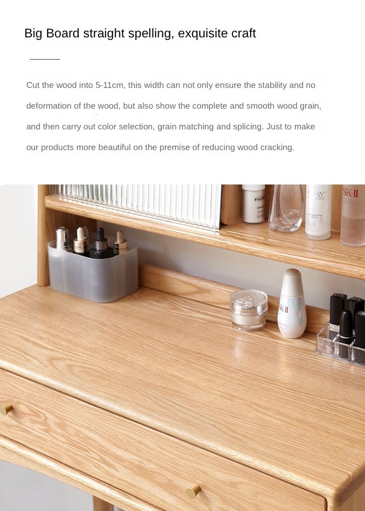 Oak Solid Wood, Solid Rubberwood Vanity Table Hidden Makeup Mirror.