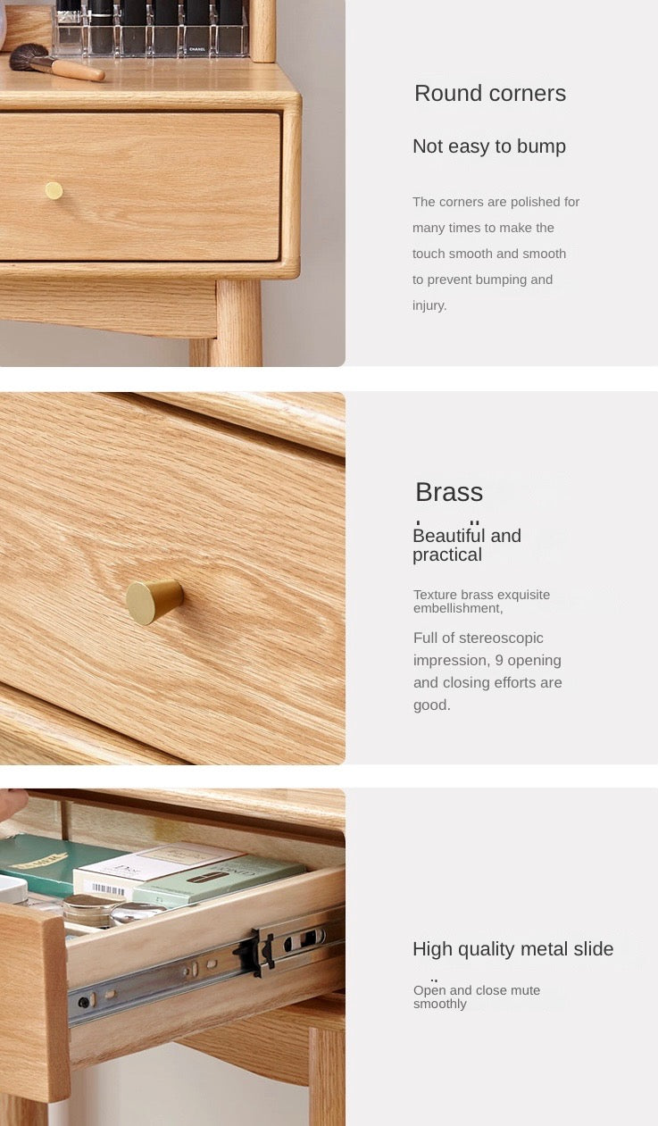 Oak Solid Wood, Solid Rubberwood Vanity Table Hidden Makeup Mirror.