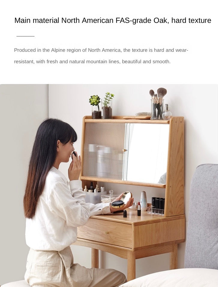 Solid Rubberwood, Oak Solid Wood Dressing Table Hidden Makeup Mirror.