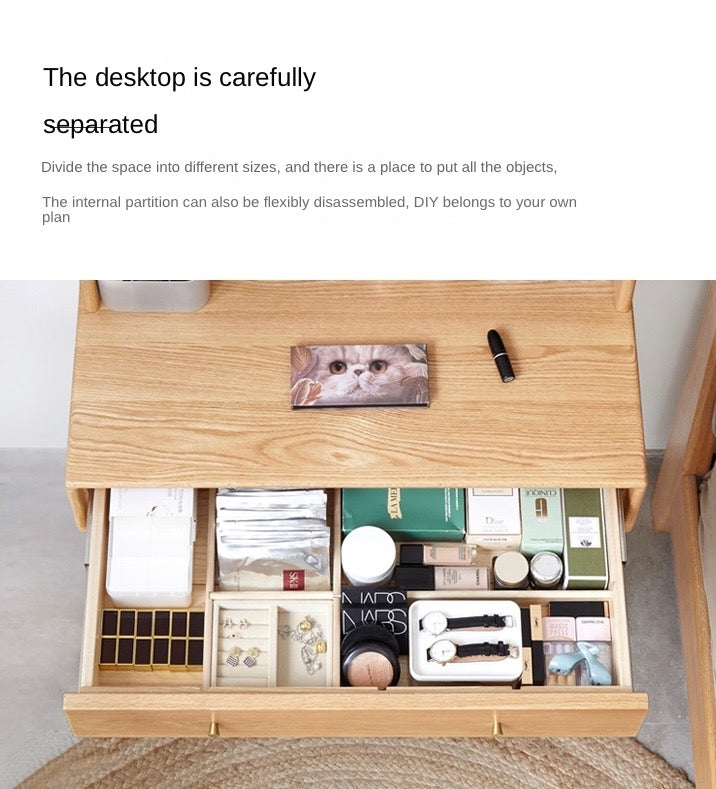 Oak Solid Wood, Solid Rubberwood Vanity Table Hidden Makeup Mirror.