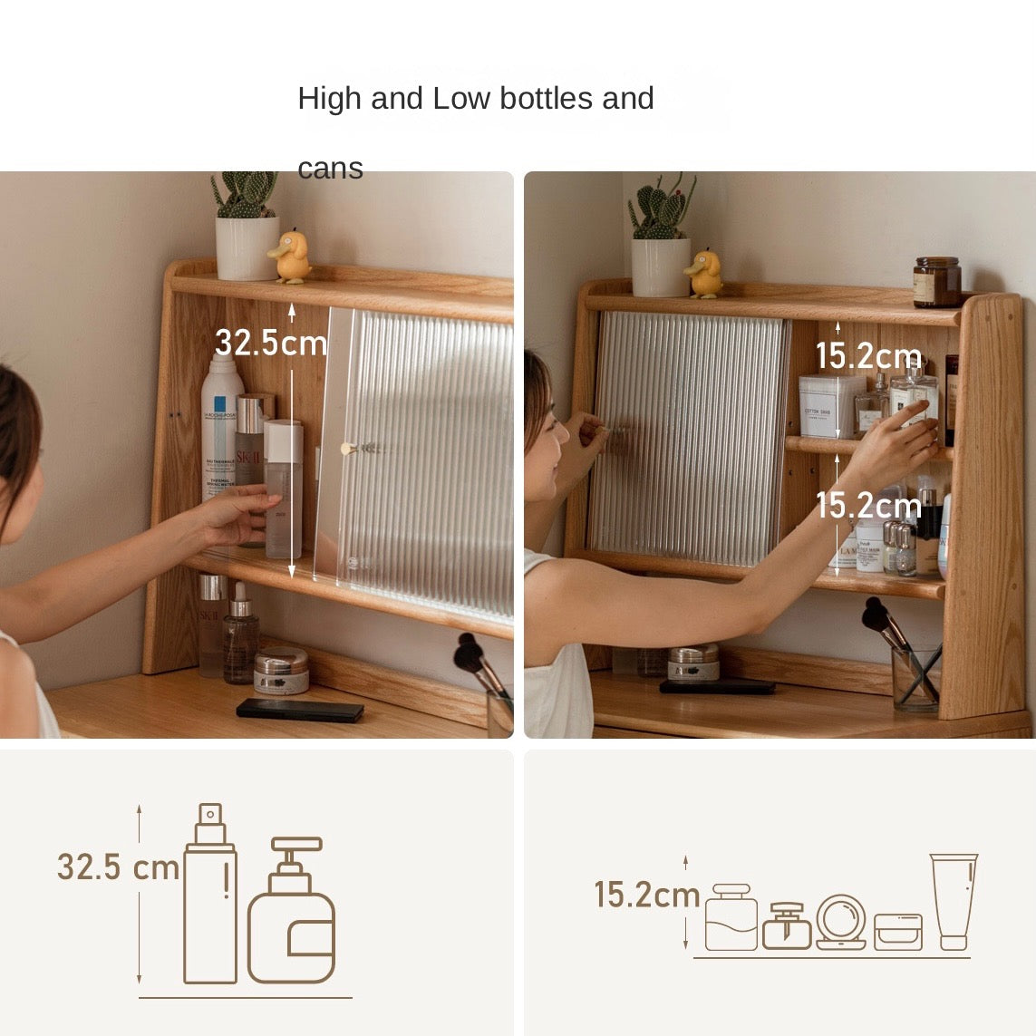 Oak Solid Wood, Solid Rubberwood Vanity Table Hidden Makeup Mirror.