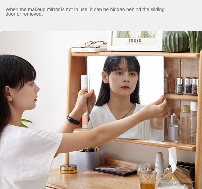 Oak Solid Wood, Solid Rubberwood Vanity Table Hidden Makeup Mirror.