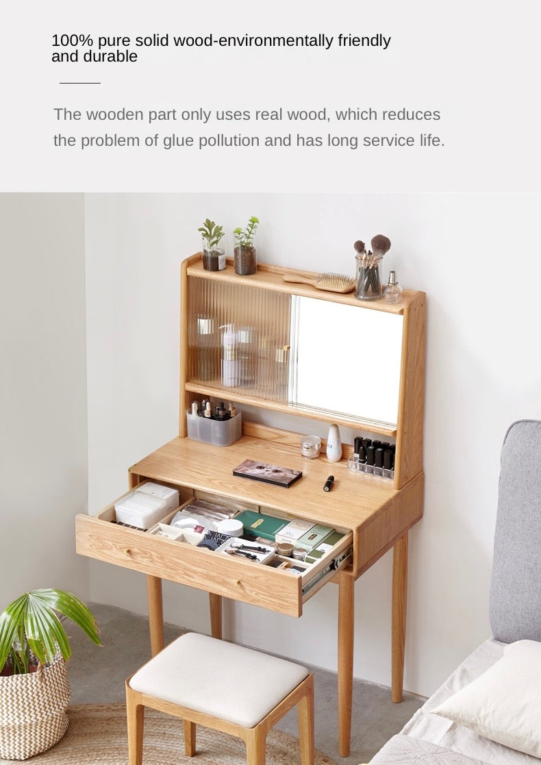 Solid Rubberwood, Oak Solid Wood Dressing Table Hidden Makeup Mirror.