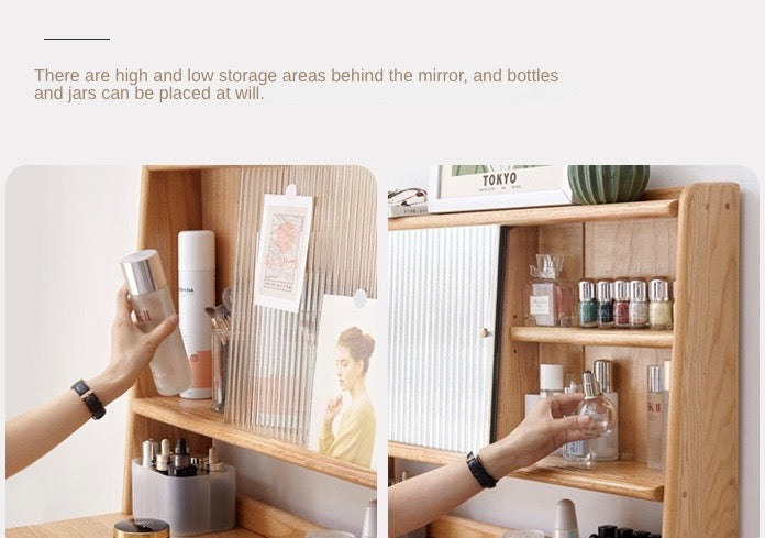 Oak Solid Wood, Solid Rubberwood Vanity Table Hidden Makeup Mirror.