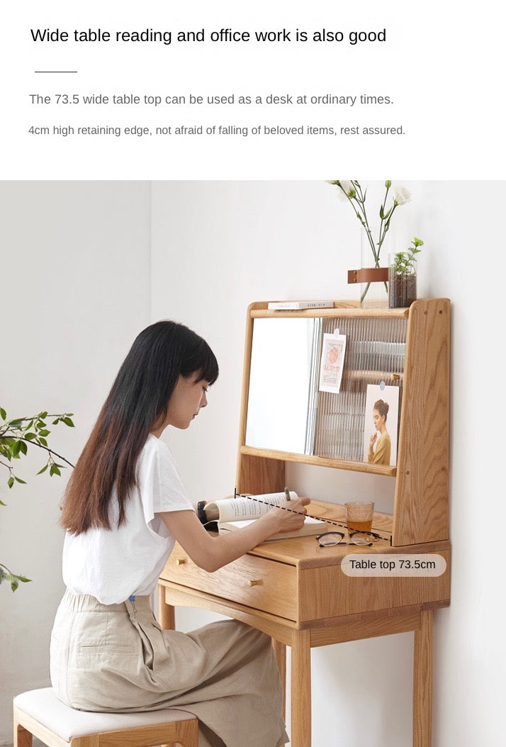 Oak Solid Wood, Solid Rubberwood Vanity Table Hidden Makeup Mirror.