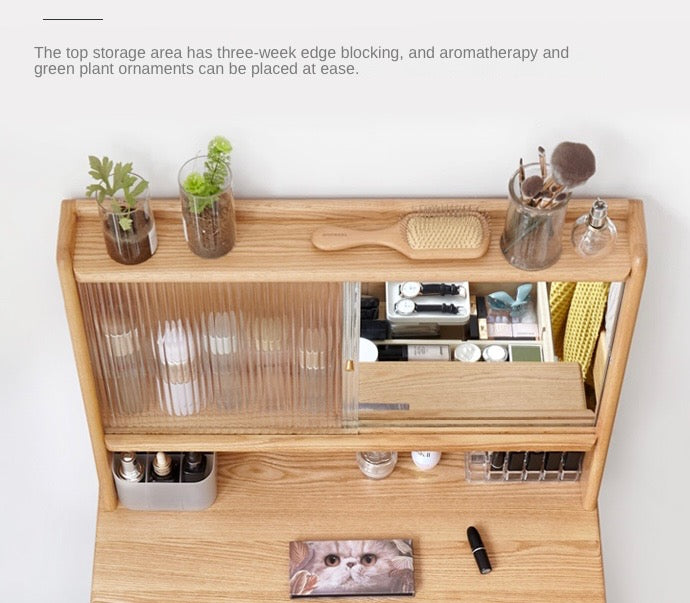 Oak Solid Wood, Solid Rubberwood Vanity Table Hidden Makeup Mirror.