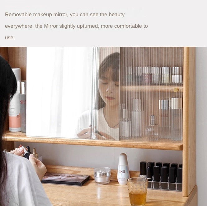 Oak Solid Wood, Solid Rubberwood Vanity Table Hidden Makeup Mirror.