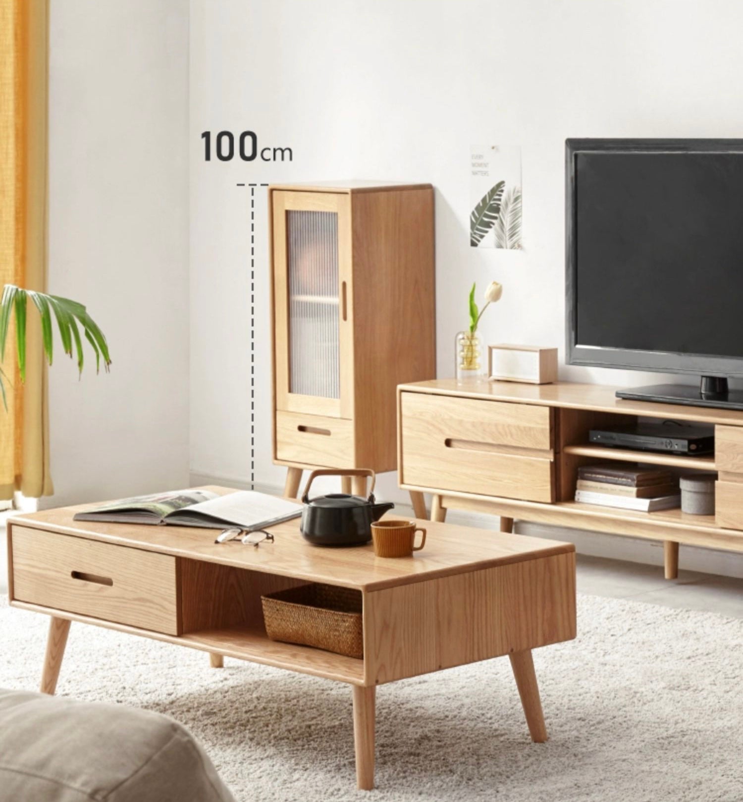 Oak Solid Wood TV High Side Cabinet Glass Door