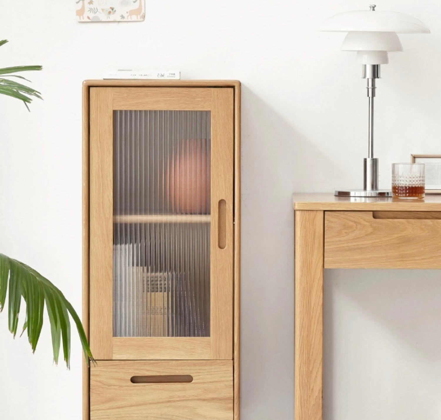 Oak Solid Wood TV High Side Cabinet Glass Door.