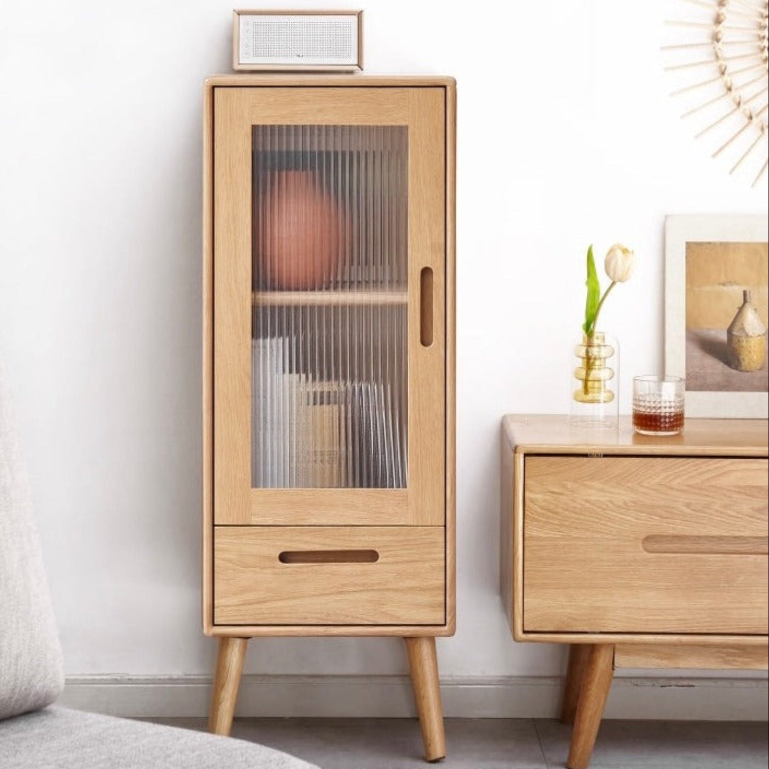 Oak Solid Wood, Pine Wood Display Cabinet with Fluted Glass Door and Tapered Legs