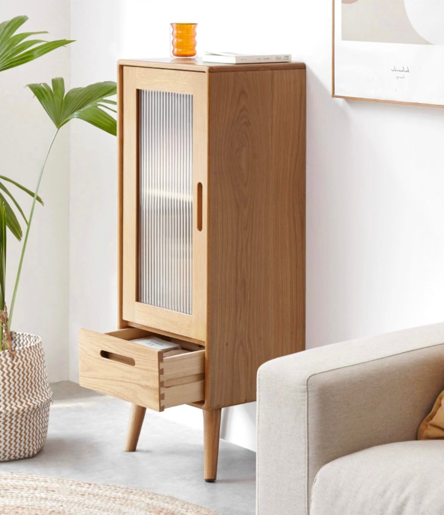 Oak Solid Wood TV High Side Cabinet Glass Door