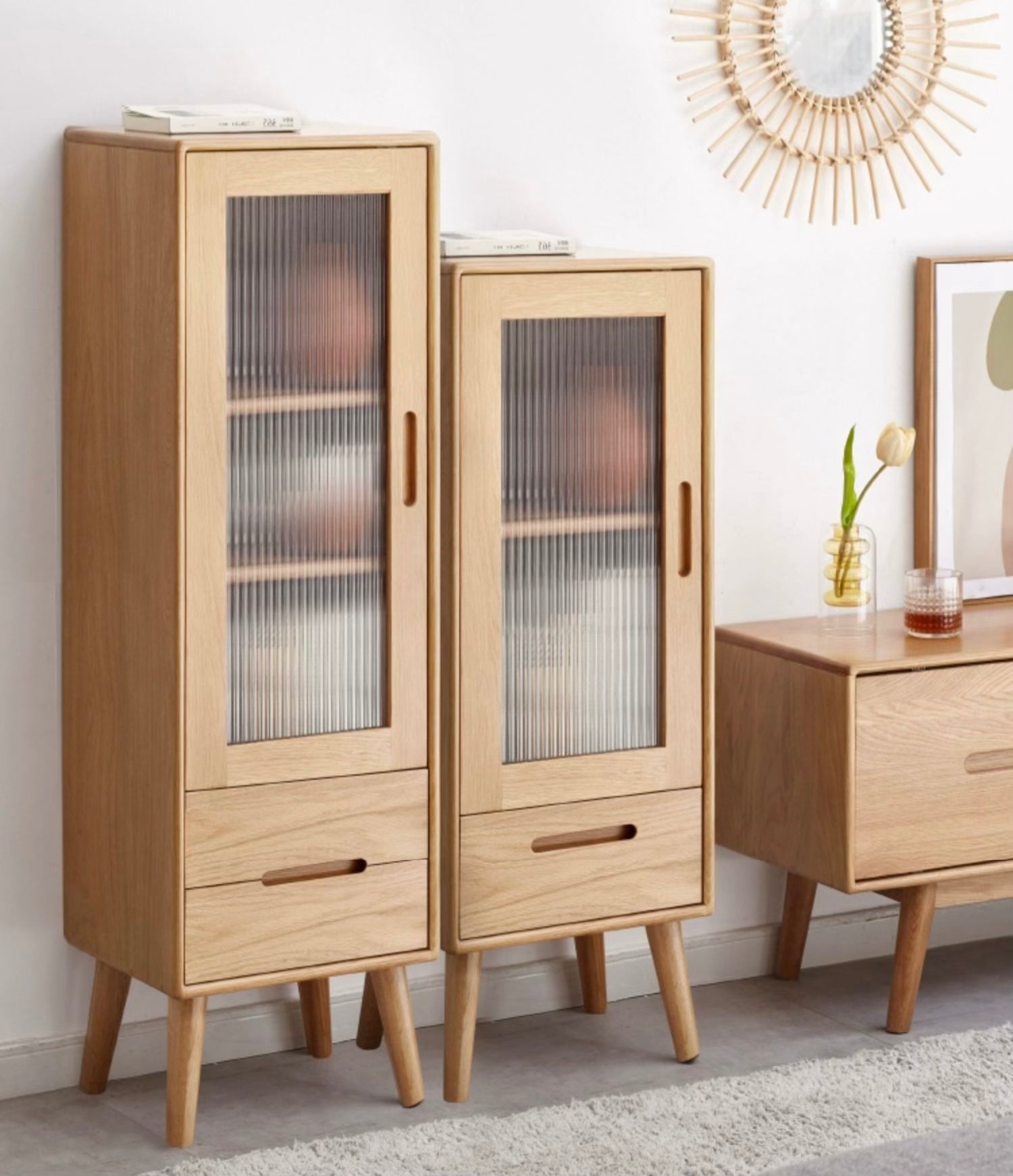 Oak Solid Wood TV High Side Cabinet Glass Door
