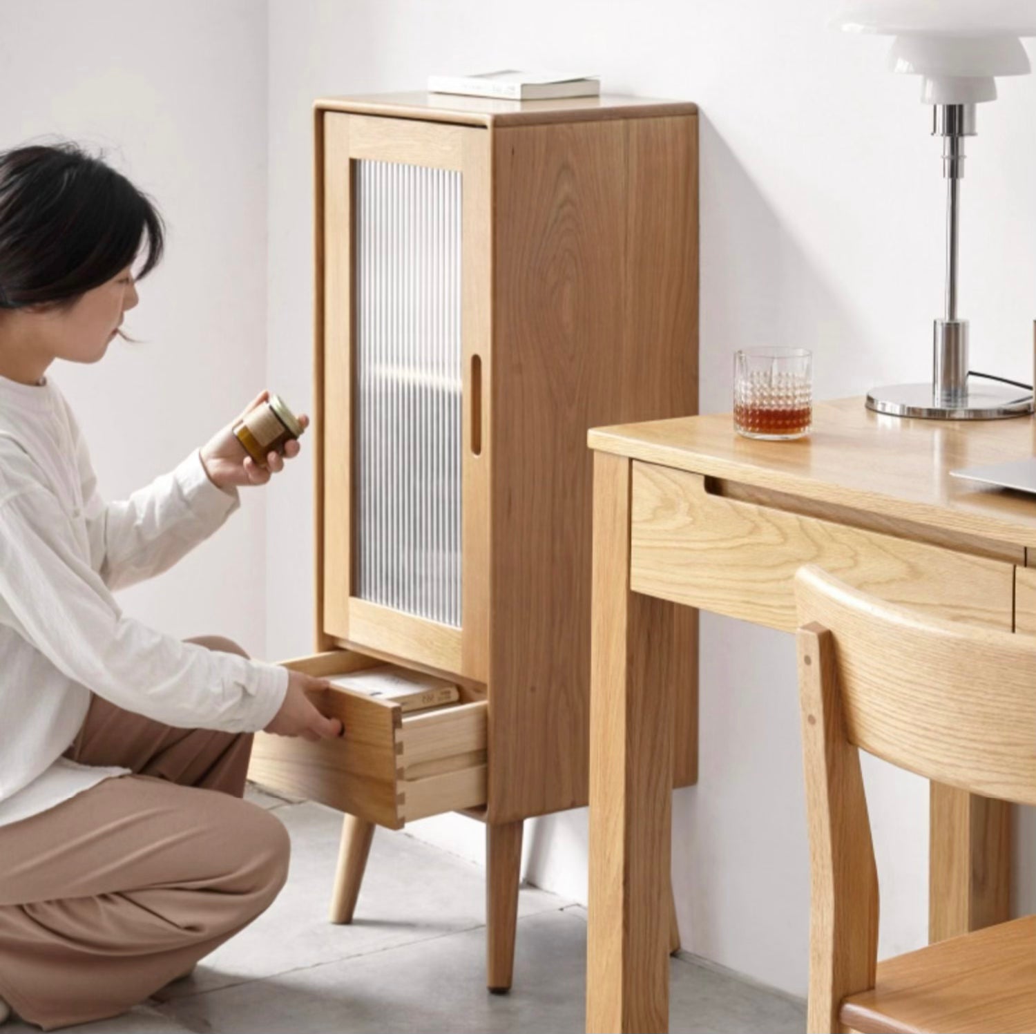 Oak Solid Wood TV High Side Cabinet Glass Door.