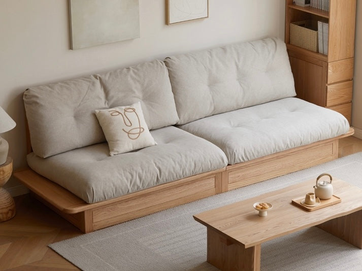 Oak Solid Wood Gravel White Cotton Linen Storage dual-use Sofa