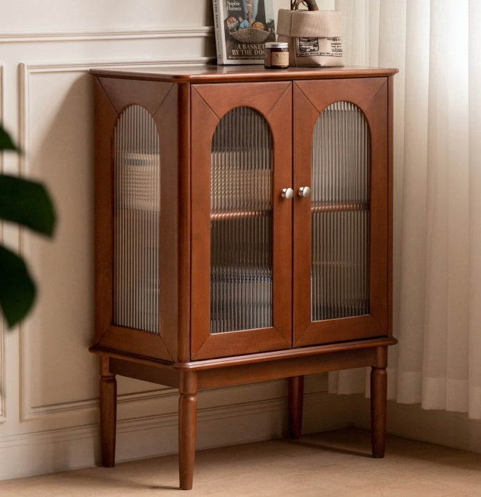 нет Poplar Solid Wood Side Cabinet French Retro Glass With Lights