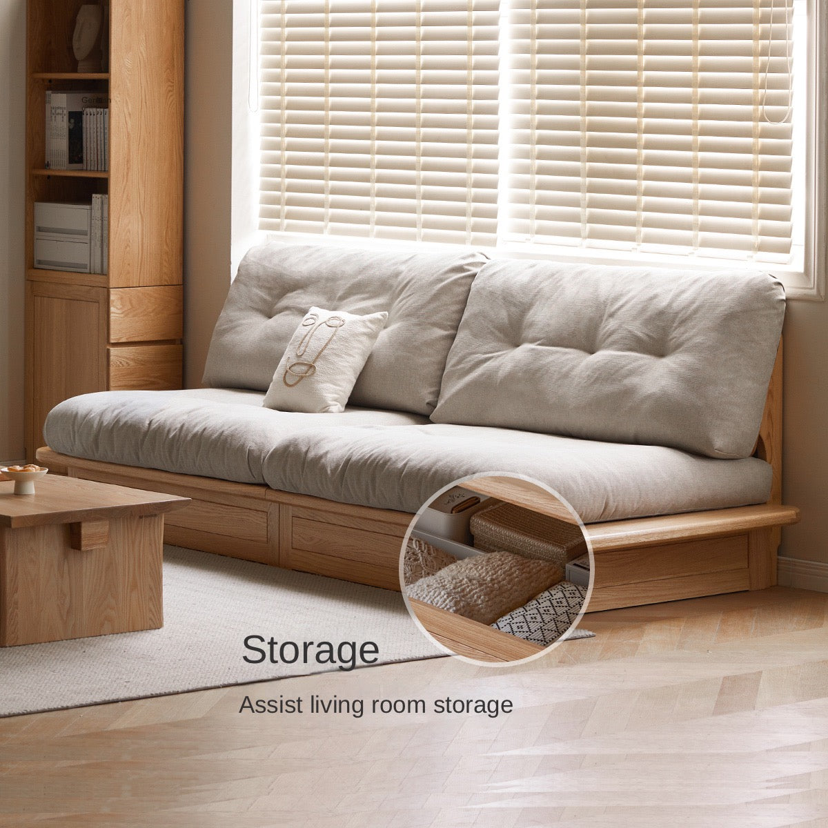 Oak Solid Wood Gravel White Cotton Linen Storage dual-use Sofa