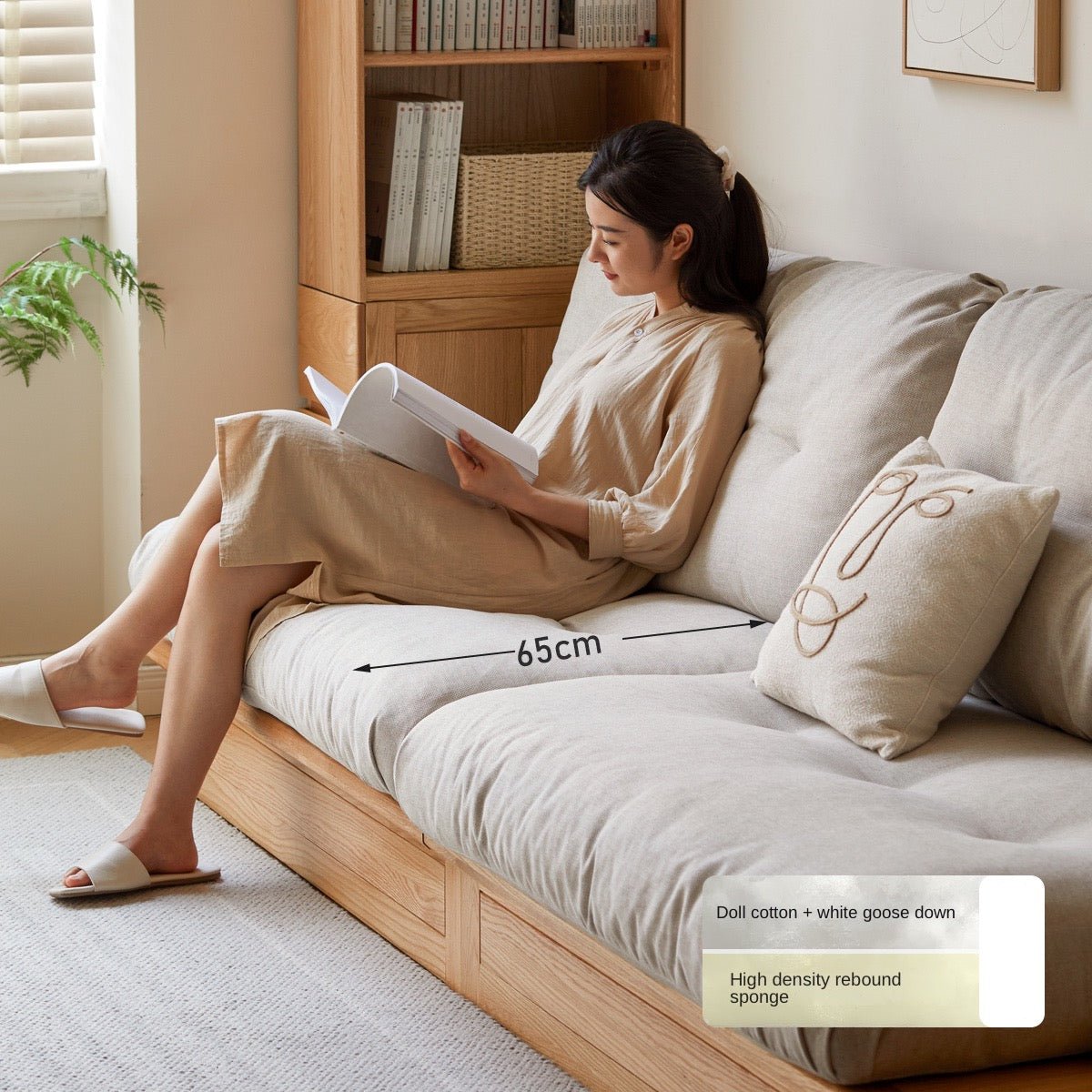 Oak Solid Wood Gravel White Cotton Linen Storage dual-use Sofa