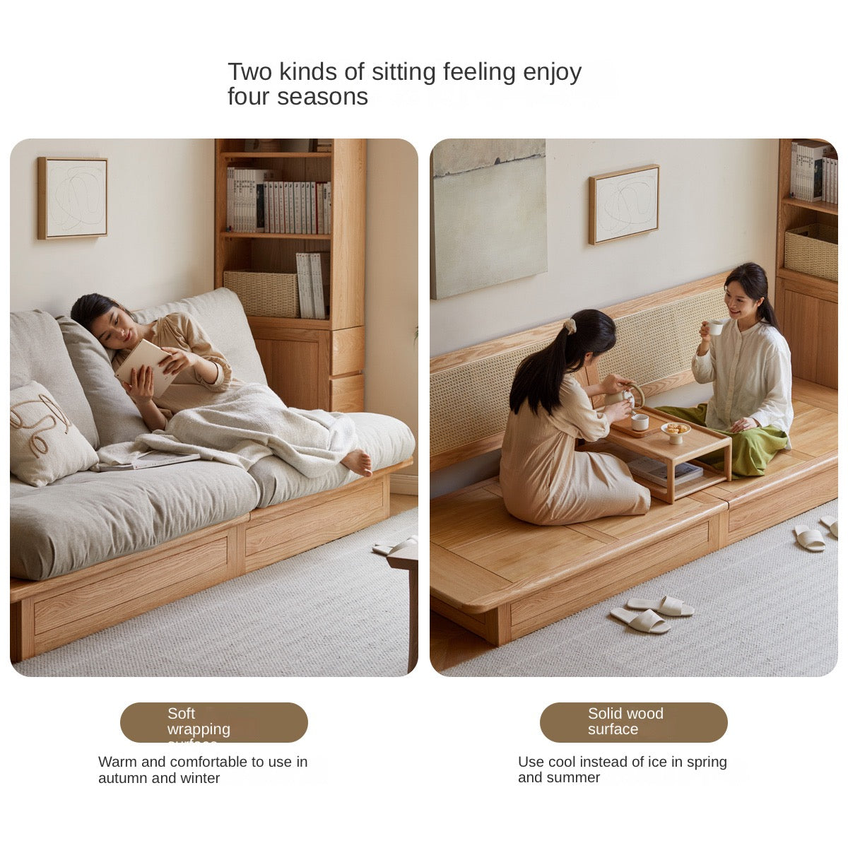 Oak Solid Wood Gravel White Cotton Linen Storage dual-use Sofa