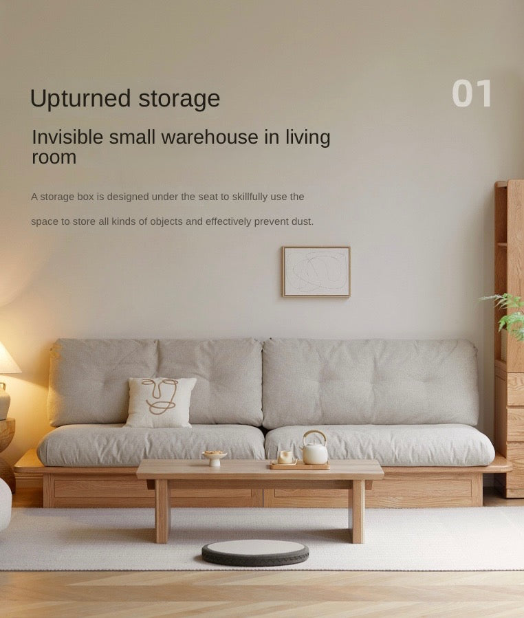 Oak Solid Wood Gravel White Cotton Linen Storage dual-use Sofa