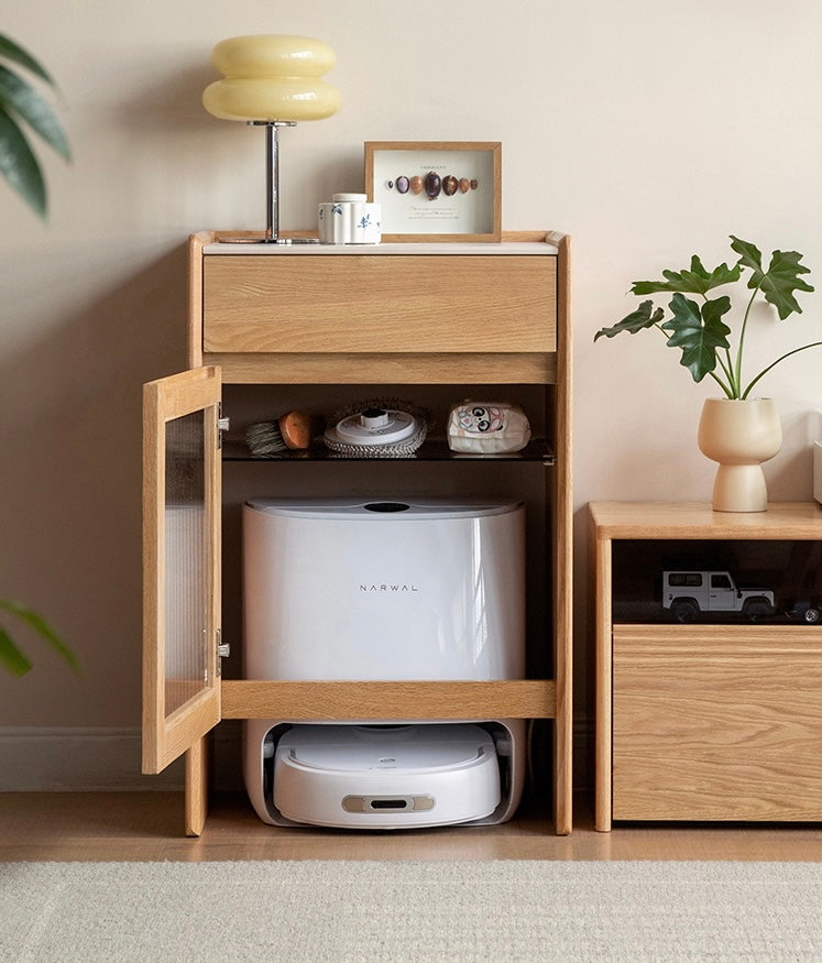 Oak Solid Wood Sweeping Robot Storage Side Cabinet Rock Slab.