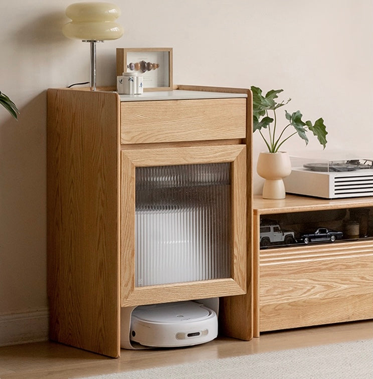 Oak Solid Wood Sweeping Robot Storage Side Cabinet Rock Slab.