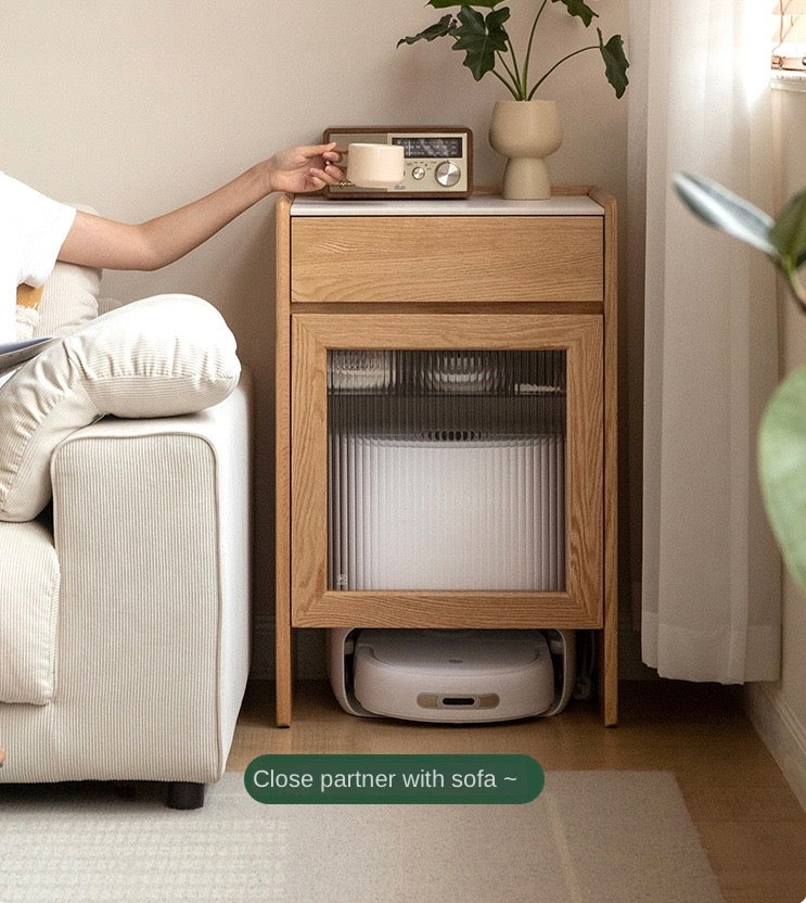 Oak Solid Wood Sweeping Robot Storage Side Cabinet Rock Slab.