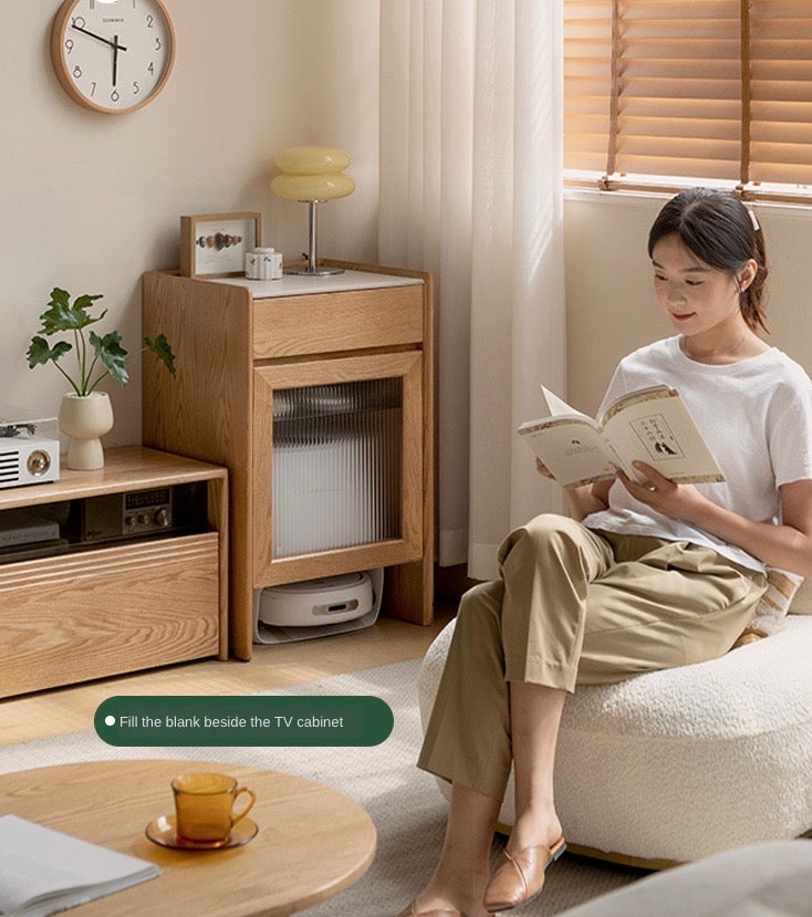 Oak Solid Wood Sweeping Robot Storage Side Cabinet Rock Slab.