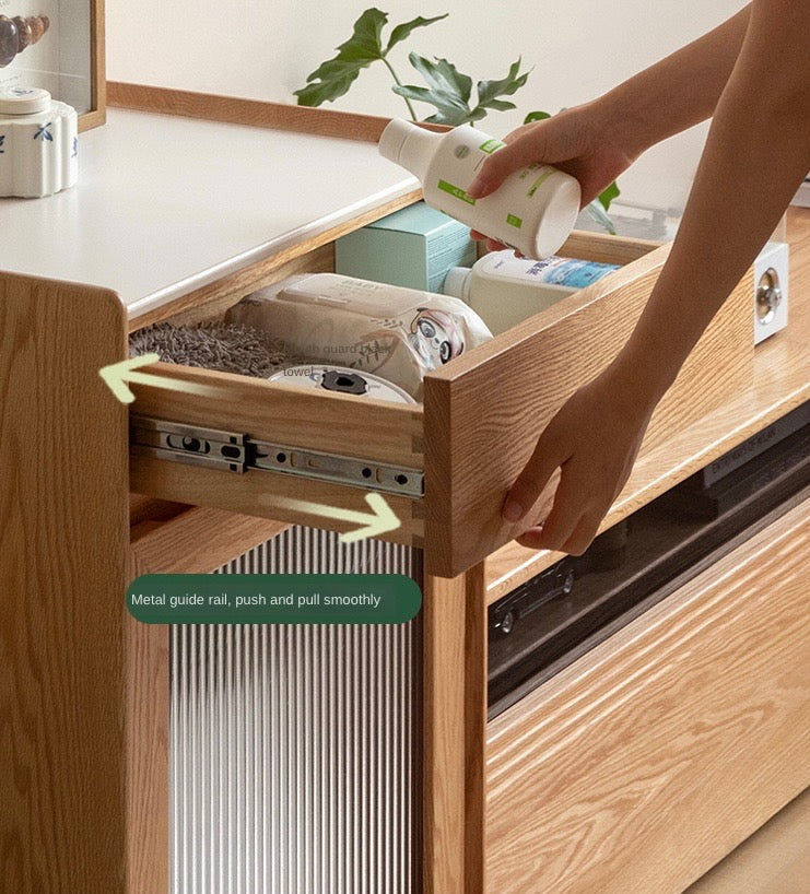 Oak Solid Wood Sweeping Robot Storage Side Cabinet Rock Slab.