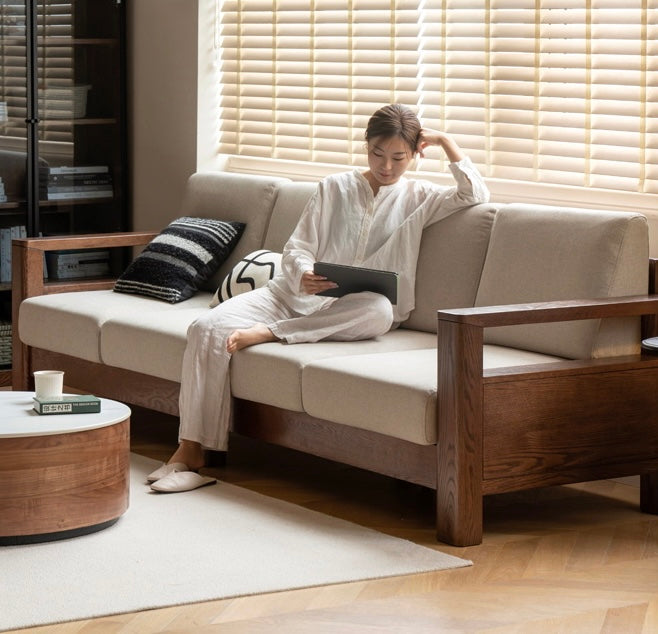 Oak, Solid Rubberwood Walnut Color Fabric Sofa.