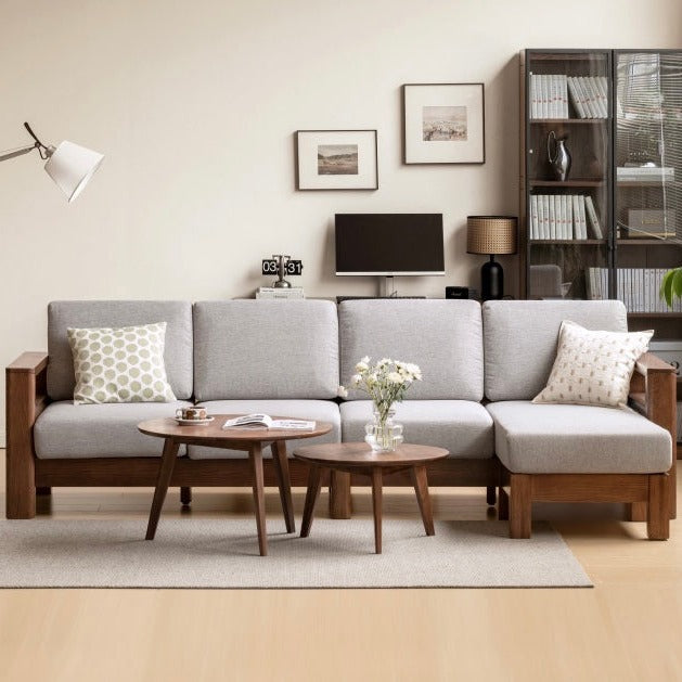 Oak, Solid Rubberwood Walnut Color Fabric Sofa.