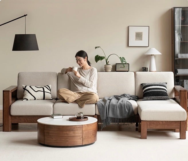 Oak, Solid Rubberwood Walnut Color Fabric Sofa.