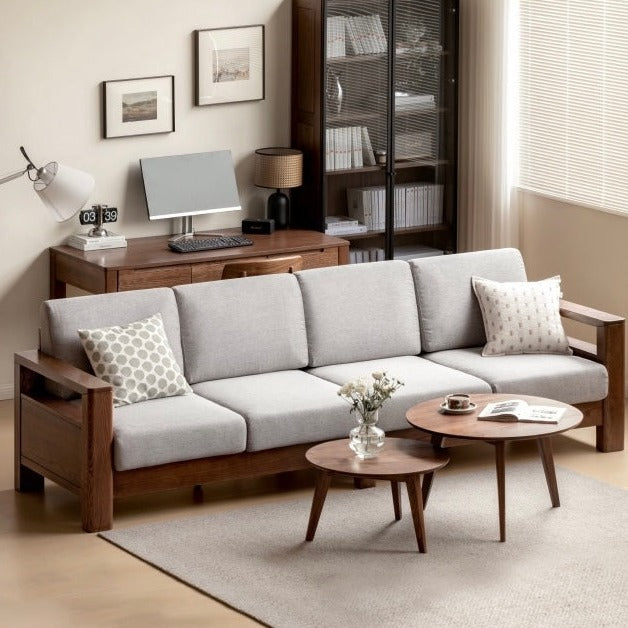 Oak, Solid Rubberwood Walnut Color Fabric Sofa.