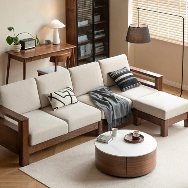 Oak, Solid Rubberwood Walnut Color Fabric Sofa.
