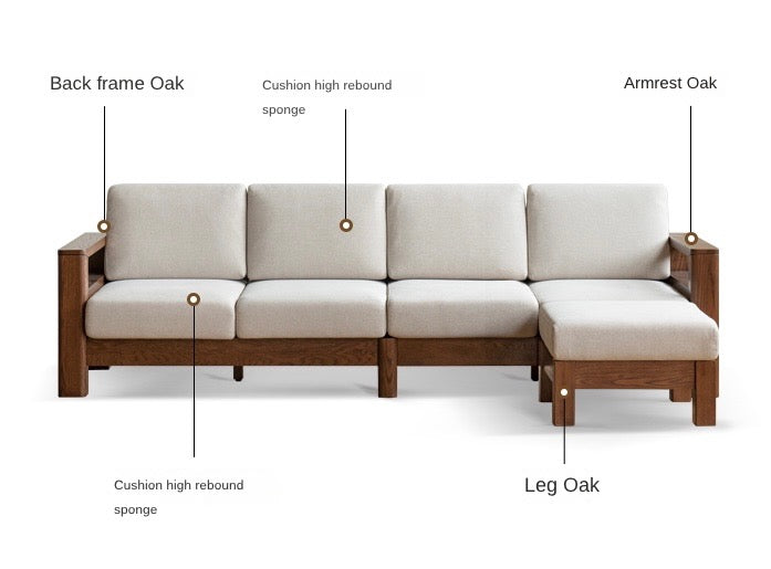Oak, Solid Rubberwood Walnut Color Fabric Sofa.