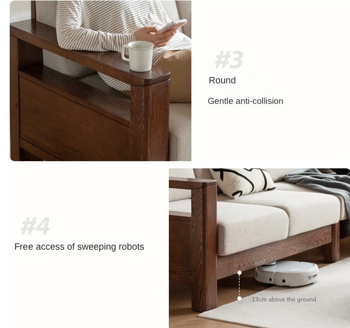 Oak, Solid Rubberwood Walnut Color Fabric Sofa.