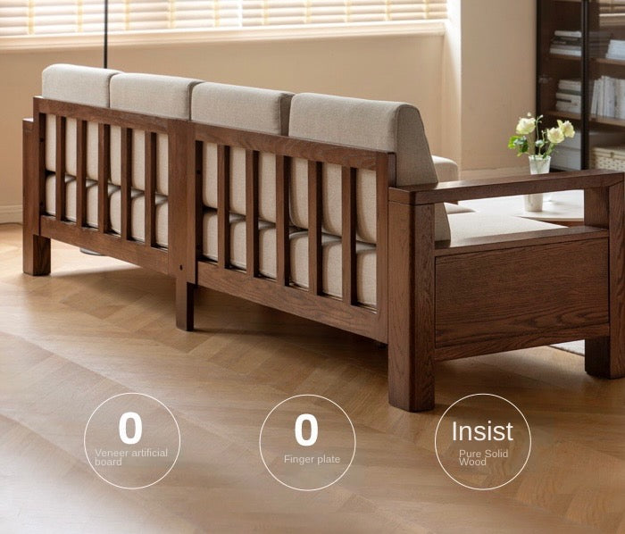 Oak, Solid Rubberwood Walnut Color Fabric Sofa.