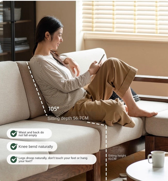 Oak, Solid Rubberwood Walnut Color Fabric Sofa.