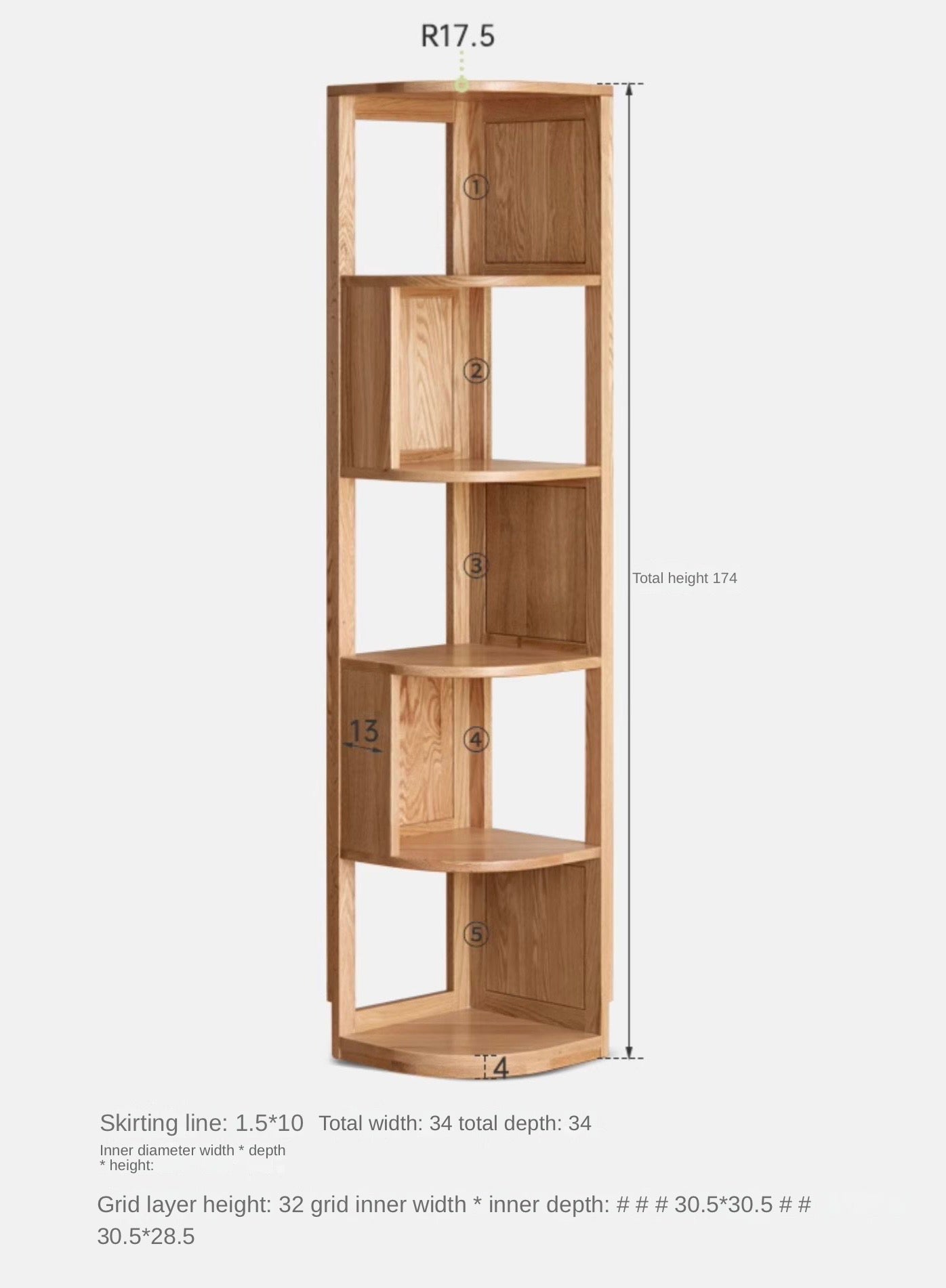 Ash, Oak, Solid RubbberWood Corner Bookshelf