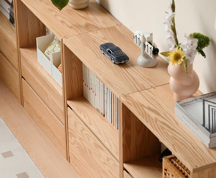 Oak, Solid Rubberwood, Ash Solid Wood Bookcase Free Combination Low Cabinet Floor-Standing Bookshelf