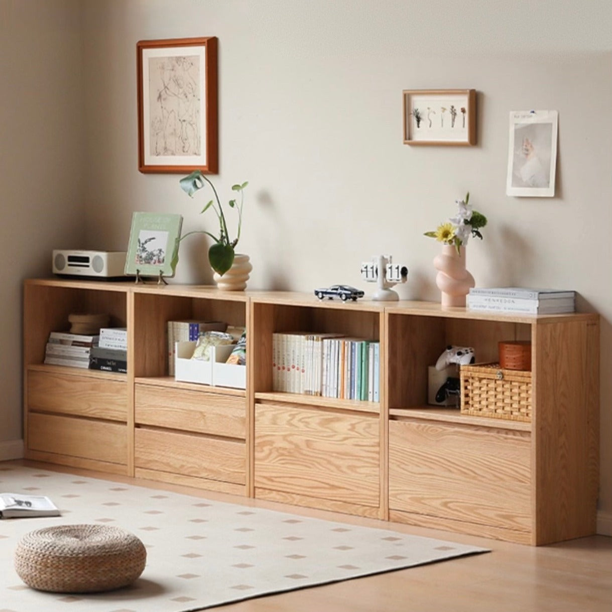 Oak, Solid Rubberwood, Ash Solid Wood Bookcase Free Combination Low Cabinet Floor-Standing Bookshelf