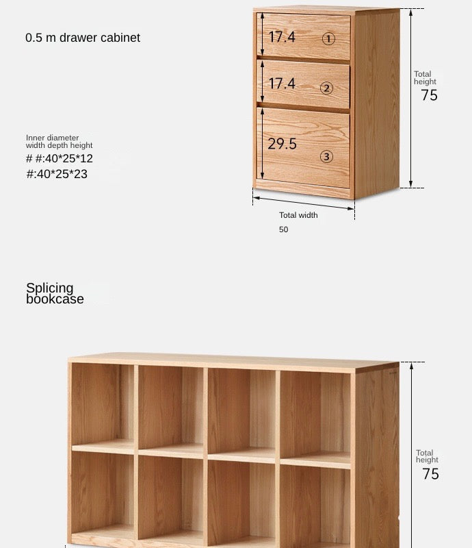 Oak, Solid Rubberwood, Ash Solid Wood Bookcase Free Combination Low Cabinet Floor-Standing Bookshelf
