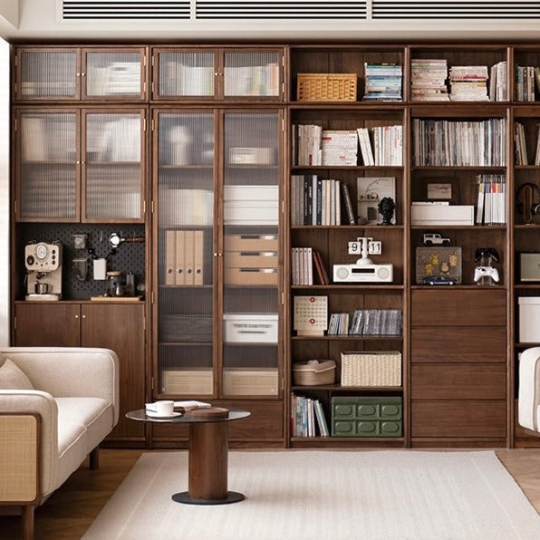 Black Walnut Solid Wood Bookcase Display Glass Door Storage Cabinet